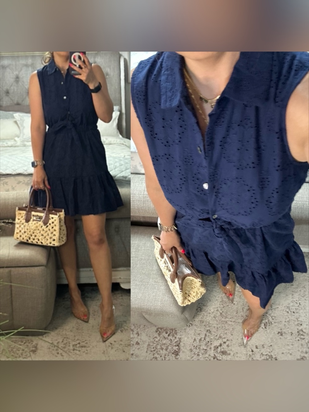 New💙 GORGEOUS Navy Eyelet Tie Waist Sleeveless Ruffle Hem Dress